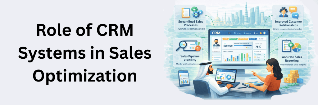 Digital illustration showing role of CRM systems in sales optimization including pipeline visibility, customer relationships, reporting, and sales performance.